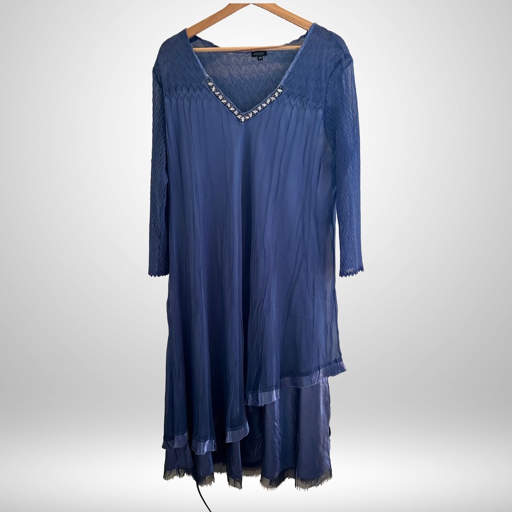 Komarov Woman Blue Layered Asymmetrical Mid Dress 1X Whimsical Chic Embellished